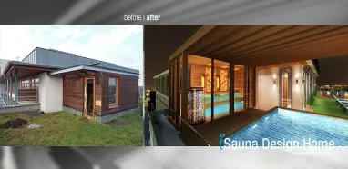 Sauna Wellness Garten, Kombiniertes Saunahaus mit Vordach