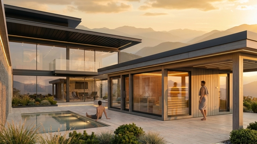 Das Außen Saunahaus in einer privaten Penthouse mit Panoramablick