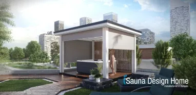 Außen-Pergola zipSCREEN mit Beschattung in weiß Villeroy &amp; Boch mit Whirlpool