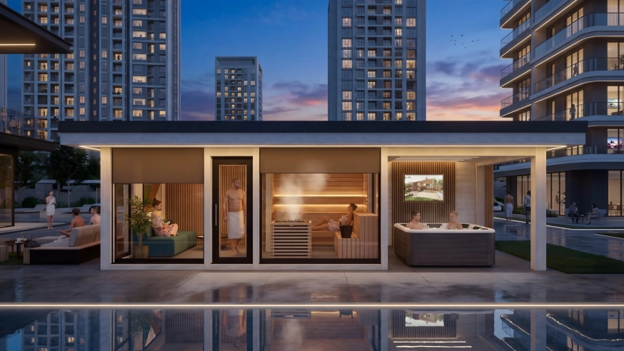 Das Außen Saunahaus in einer privaten Penthouse mit Panoramablick