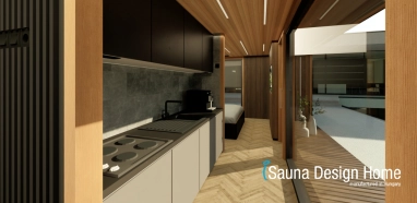 Innenraum des Wellness Rückzugsorts mit Panorama Innenraum des Wellness Rückzugsorts mit Panorama