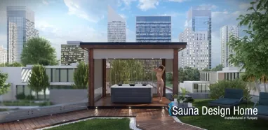 Pergola in Naturfarbe mit einzigartiger Massivholz-Designwand